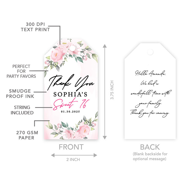 Koyal Wholesale Custom Sweet 16 Favour Tags With String, Blush Pink Florals Thank You Gift Tags